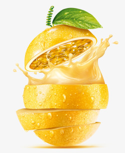 黄桃切片喷溅柠檬切片果汁喷溅效果高清图片