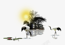 地产中国风水墨庭院中国风水墨觅食的白鹤高清图片