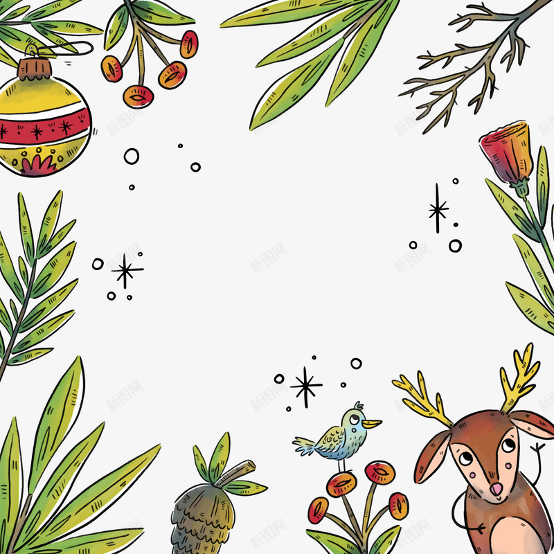 彩绘圣诞驯鹿和树枝边框png免抠素材_88icon https://88icon.com 卡通植物 圣诞彩球 圣诞节 圣诞驯鹿 小清新 背景装饰