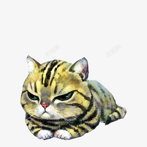 小猫水彩画png免抠素材_88icon https://88icon.com 卧姿 猫咪 生气表情 色彩画 黄灰色