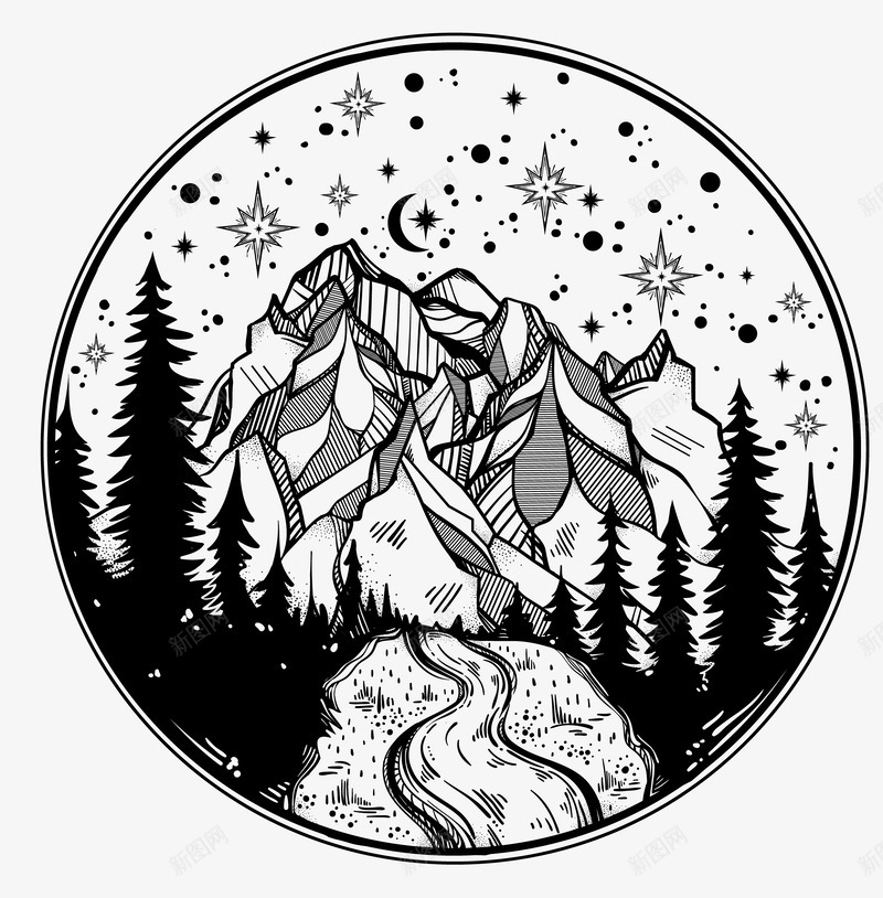 星空黑白花臂图案png免抠素材_88icon https://88icon.com ins风格 唯美 手绘 月光 树林 欧美 纹身 花臂 雪山 黑白 黑白手绘花臂图案