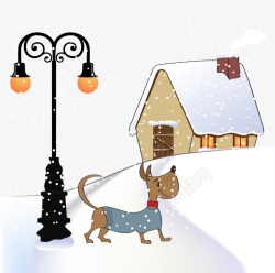 雪地创意小木屋冬日雪地里的小狗高清图片
