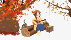 卡通手绘树下弹吉他的女孩素材
