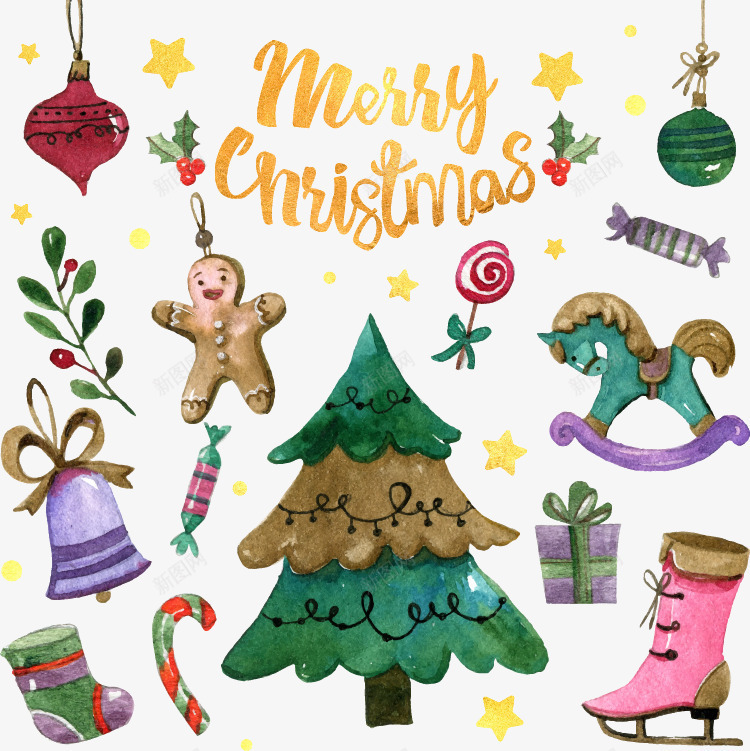 水彩手绘圣诞节元素png免抠素材_88icon https://88icon.com 免扣png 免费png 可爱圣诞节元素 圣诞树 小木马 手绘 水彩 粉色靴子