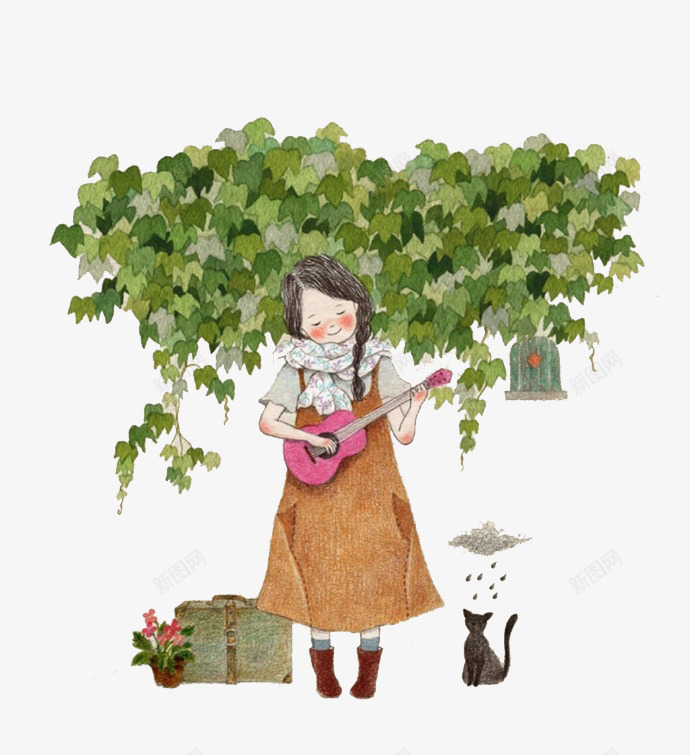 弹吉他的小女孩与猫咪png免抠素材_88icon https://88icon.com 吉他 女孩 小猫 树叶