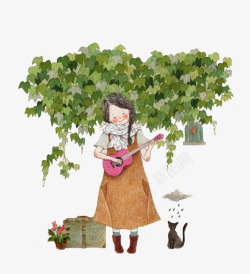 弹吉他的小女孩弹吉他的小女孩与猫咪高清图片