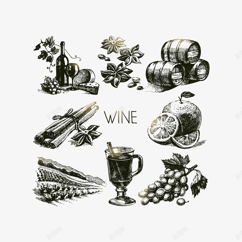 葡萄酒和酒桶矢量图ai免抠素材_88icon https://88icon.com 葡萄 酒杯 酒桶 酒瓶 矢量图