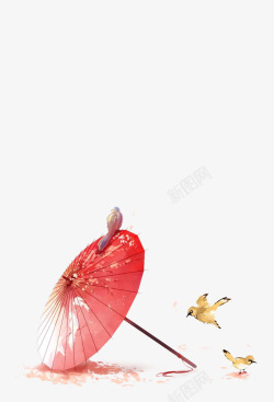 古风手绘红伞小鸟素材