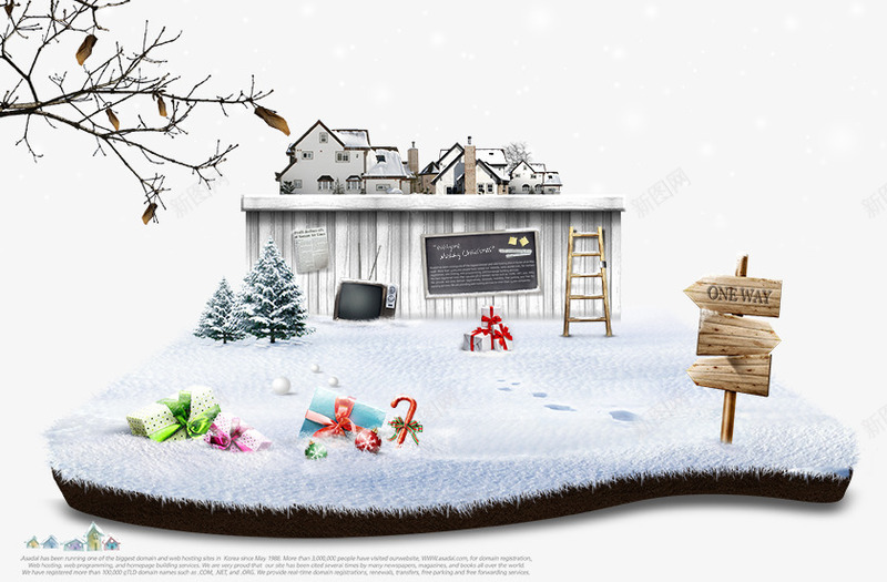冬季海报png免抠素材_88icon https://88icon.com 圣诞树 圣诞海报 圣诞雪屋 指示牌 白雪地 礼盒