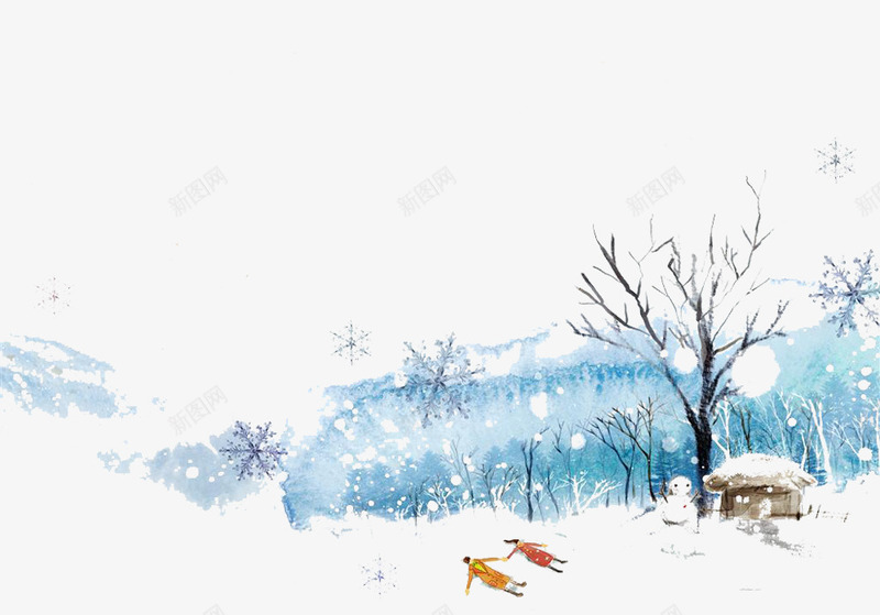 唯美雪景png免抠素材_88icon https://88icon.com 下雪 手绘 景色 清新 蓝色 雪花 风景