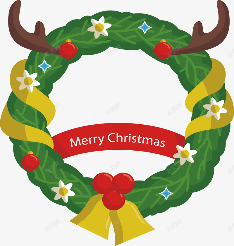 鹿角装饰圣诞花环矢量图ai免抠素材_88icon https://88icon.com 圣诞促销 圣诞节 圣诞花环 矢量png 鹿角 鹿角花环 矢量图