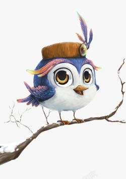 手绘站树枝上戴帽子的可爱小鸟素材