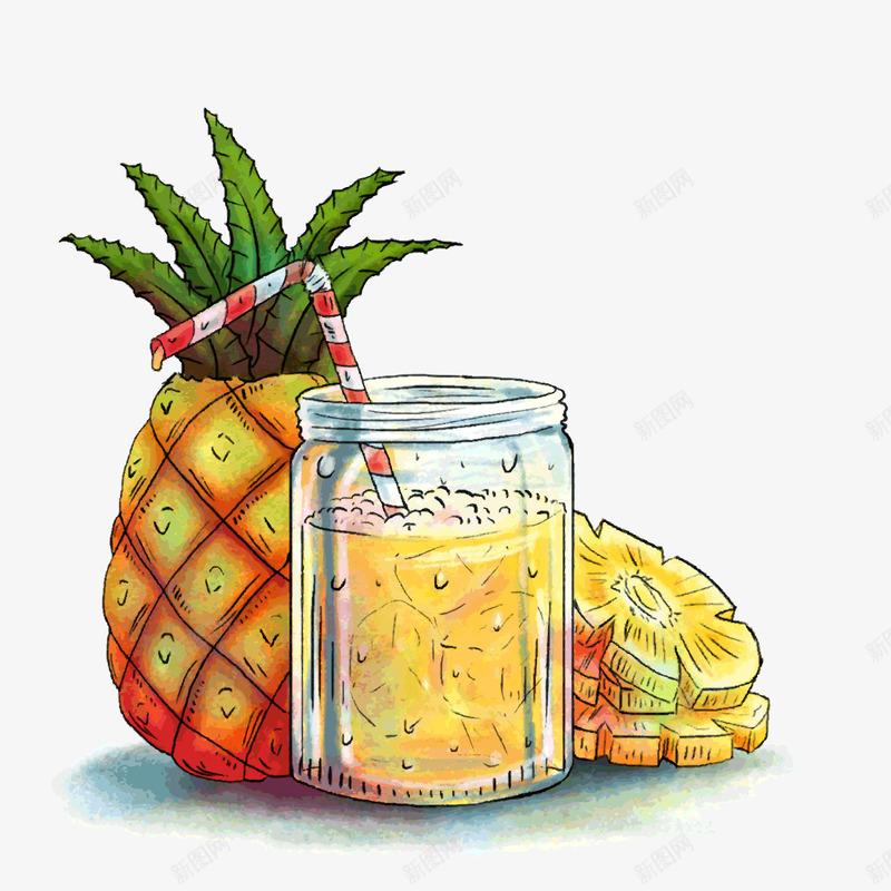手绘新鲜菠萝和菠萝汁矢量图ai免抠素材_88icon https://88icon.com 彩绘 手绘 新鲜 果汁 水彩 水果 黄色 矢量图