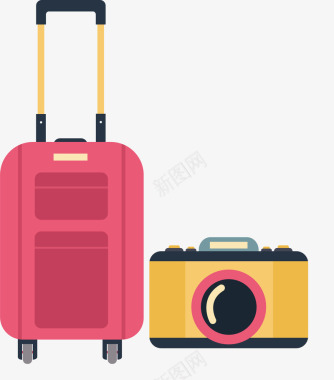 粉红色拉杆箱相机旅游常备物品小矢量图图标图标