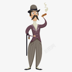 男人拿着遥控器插画卡通抽雪茄拿着拐杖的绅士插画免高清图片