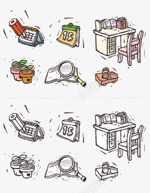 手绘盆栽桌子椅子图标图标
