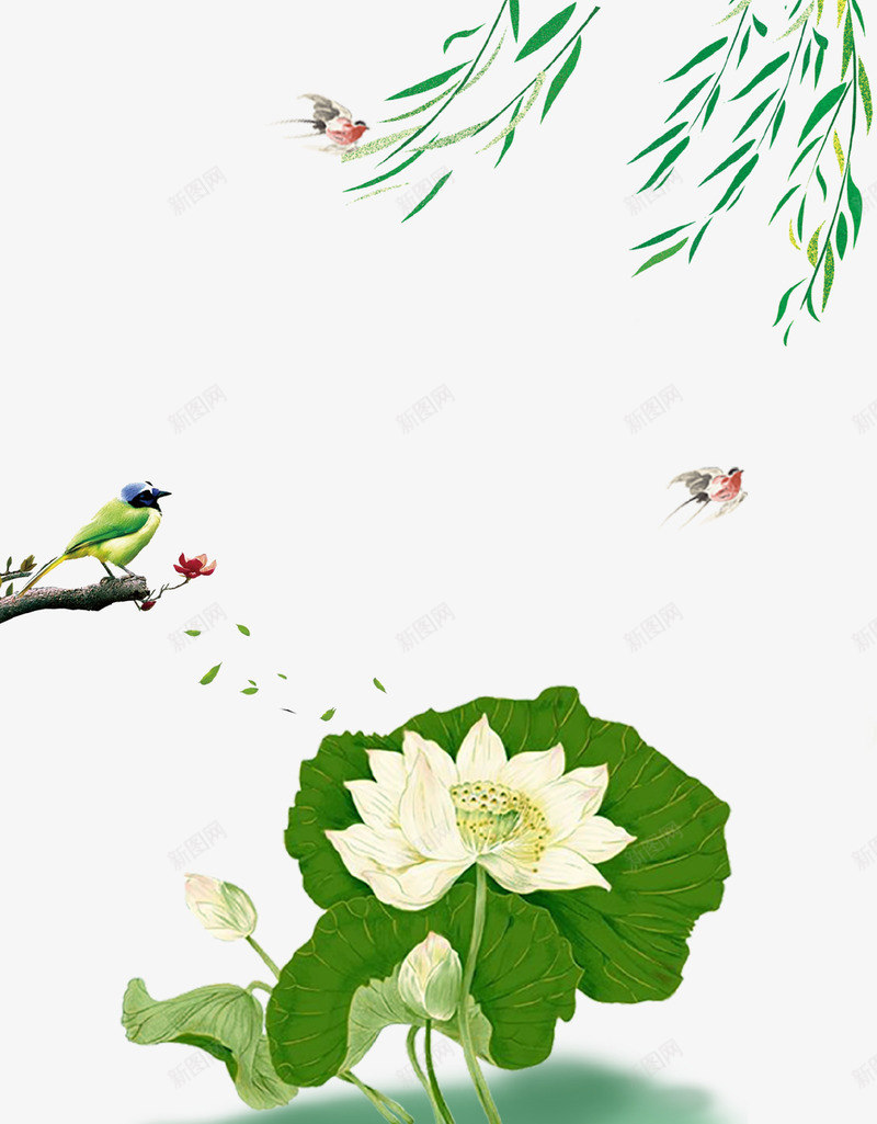 绿色清新文艺荷花柳树背景psd免抠素材_88icon https://88icon.com 小鸟 文艺 春季 柳树 柳树叶 柳树小鸟 清新 燕子 绿色 荷花
