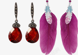 粉色宝石耳环红宝石耳环和紫色羽毛耳环高清图片