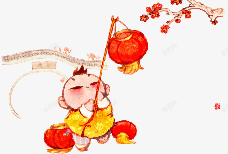 中国春节传统文化插画png免抠素材_88icon https://88icon.com 小孩子 放灯笼 民俗风俗 童年回忆