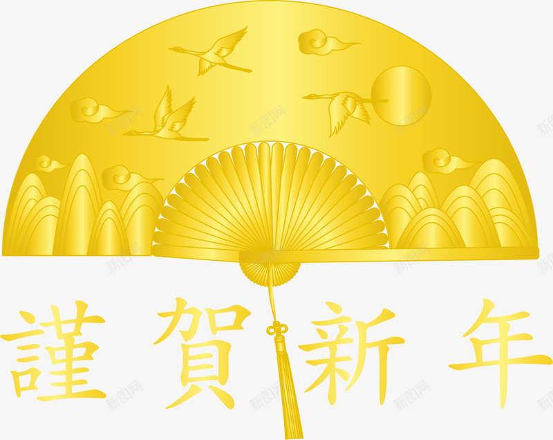 扇子贺岁新年png免抠素材_88icon https://88icon.com 仙鹤 假山 扇形 春节 金色