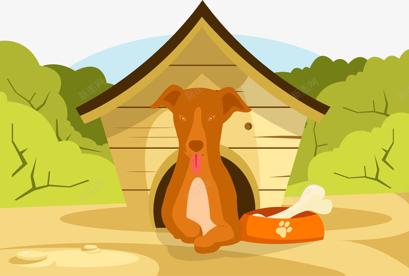 狗窝里的狗狗png免抠素材_88icon https://88icon.com 狗掌印 狗狗 狗盆 狗窝 绿色大树 脚印 舌头 骨头