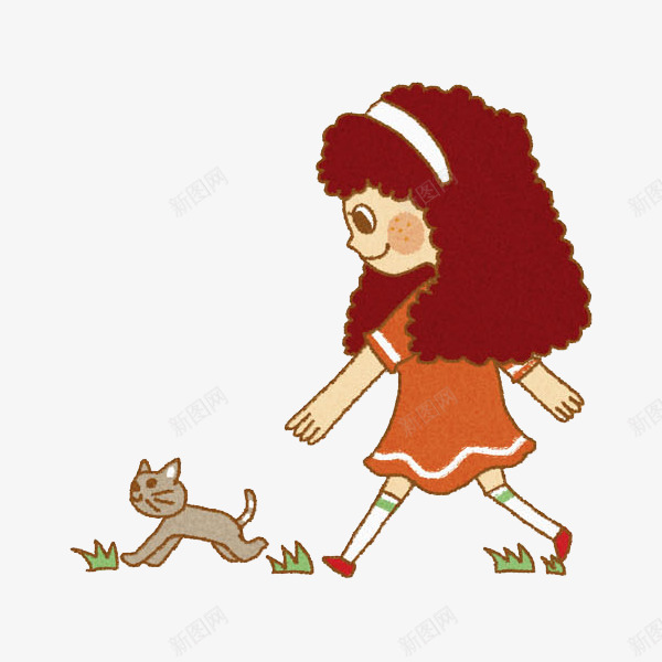 散步的女孩png免抠素材_88icon https://88icon.com 可爱的 女孩 小猫 小草 散步 漂亮的 锻炼