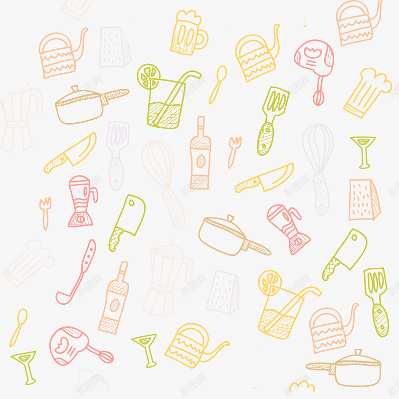 彩色厨房用具漂浮元素png免抠素材_88icon https://88icon.com 刀 勺子 厨房 厨房用具 厨房用具大全 叉子 彩色 榨汁机 漂浮 电锅 电饭锅 盘子 茶壶