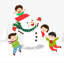 围绕着雪人玩耍的孩子素材