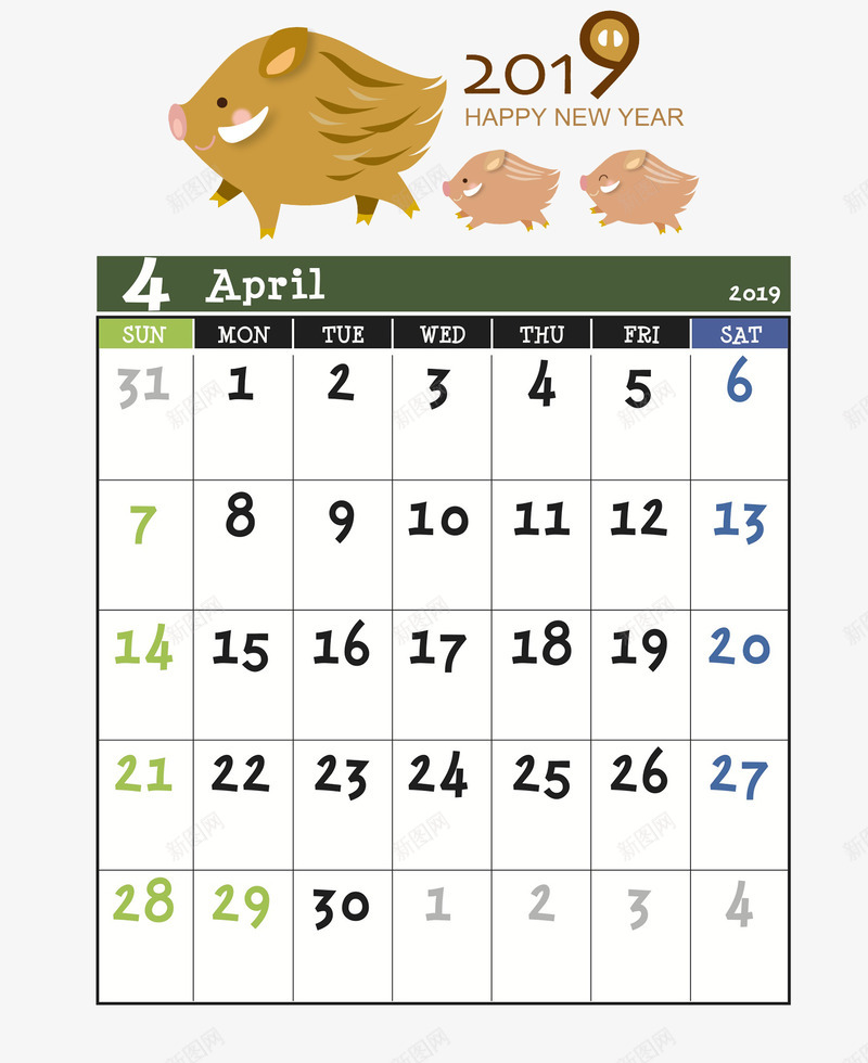 猪年日历4月专用psd免抠素材_88icon https://88icon.com 4月专用 卡通 手绘 日系 春节装饰 猪年日历