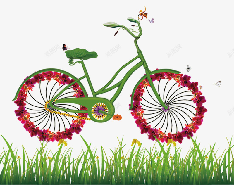 绿色出行低碳环保png免抠素材_88icon https://88icon.com 低碳 环保 绿色出行 绿草 自行车 花瓣
