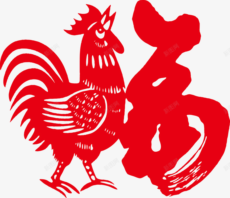 红色鸡和福字剪纸png免抠素材_88icon https://88icon.com 2017年春节 剪影 剪纸 金鸡