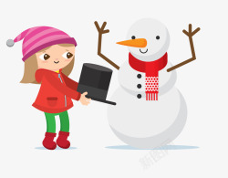 冬季女孩堆雪人插画素材