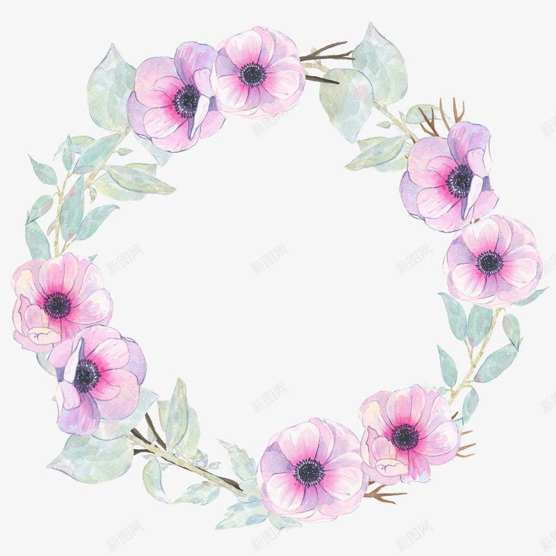 水彩紫色花朵花环png免抠素材_88icon https://88icon.com 叶子 绿植 美丽的 花卉 花朵 花环 花瓣 装饰
