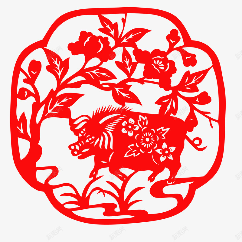 猪年喜庆红色剪纸图矢量图ai免抠素材_88icon https://88icon.com 剪纸 吉祥 吉祥如意 喜庆 春节 猪 猪年 福字 红色剪纸 矢量图