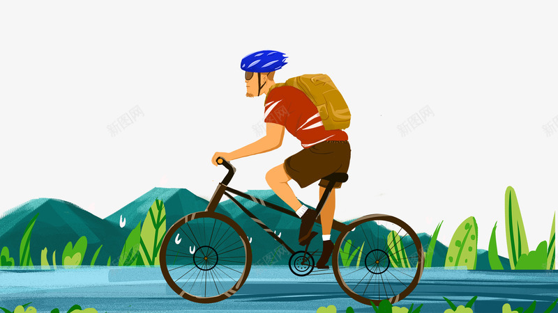 卡通骑车比赛的男人psd免抠素材_88icon https://88icon.com 卡通 山峰 绿色的草丛 背着书包的男人 骑车比赛的男人