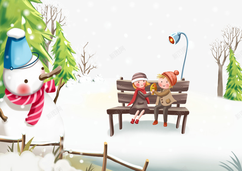 雪人偷长椅上的小情侣png免抠素材_88icon https://88icon.com 插画 长椅 雪人 雪地 雪松 飞雪