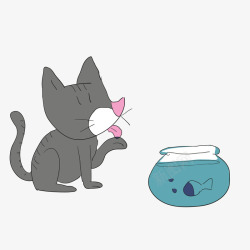 卡通灰色猫咪与蓝色鱼缸素材