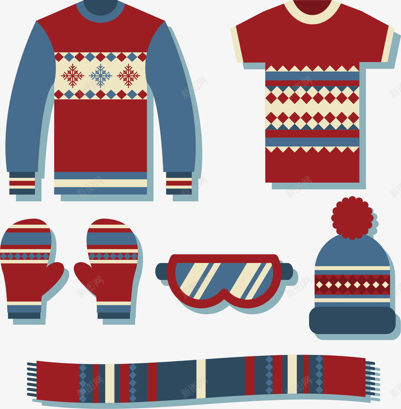 红蓝色冬季保暖装备矢量图ai免抠素材_88icon https://88icon.com 保暖衣物 冬季毛衣 冬季衣物 护目镜 矢量png 红蓝色 矢量图