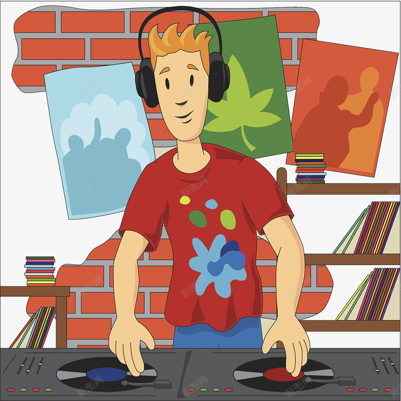 DJ音乐工作室插画png免抠素材_88icon https://88icon.com 工作室 戴耳机的人 控制台 插画 红砖墙 音乐