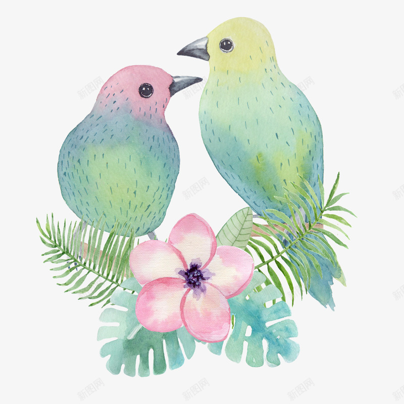 美丽的小鸟png免抠素材_88icon https://88icon.com 一辈子 俩只小鸟 永远 相亲相爱 粉红色花朵 绿叶 陪伴 陪伴关怀