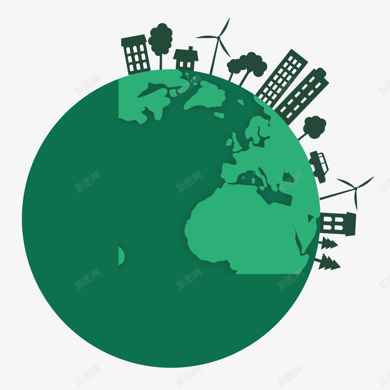 绿色生态地球png免抠素材_88icon https://88icon.com 楼房建筑地球发电风车树木绿色能源环保
