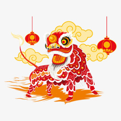 红色中国风灯笼舞狮素材