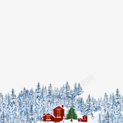 雪花覆盖圣诞树和老房屋高清图片