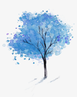 手绘蓝色水墨植物大树素材