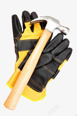 木质锤子防护手套和锤子高清图片