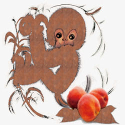 猴子吃桃国画风素材