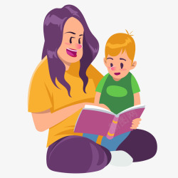 手绘卡通母亲和孩子读书插画矢量图素材