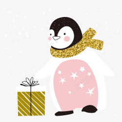 圣诞节手绘送礼的企鹅矢量图素材