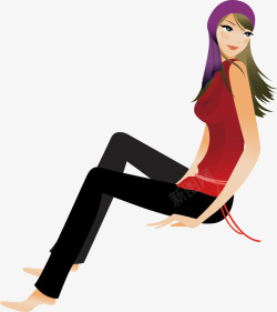 坐姿红衣时尚美女黑裤子卡通素材