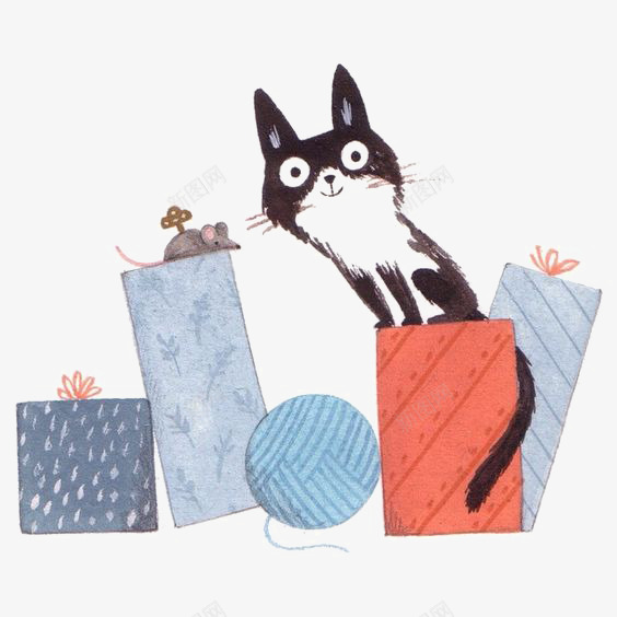 猫咪png免抠素材_88icon https://88icon.com 卡通 小猫 手绘 毛线团 盒子 老鼠 老鼠生日